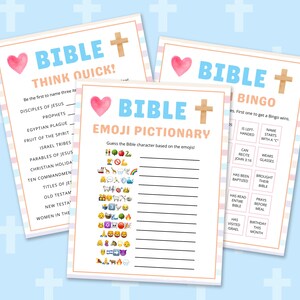 Peut inclure: Deux cartes de jeu imprimables sur le th&egrave;me de la Bible avec des rayures roses et bleues. La premi&egrave;re carte est un jeu "Think Quick!" avec une liste de sujets li&eacute;s &agrave; la Bible. La deuxi&egrave;me carte est un jeu de "Bingo" avec une grille de cases li&eacute;es &agrave; la Bible.