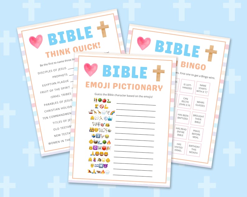 Peut inclure: Deux cartes de jeu imprimables sur le th&egrave;me de la Bible avec des rayures roses et bleues. La premi&egrave;re carte est un jeu "Think Quick!" avec une liste de sujets li&eacute;s &agrave; la Bible. La deuxi&egrave;me carte est un jeu de "Bingo" avec une grille de cases li&eacute;es &agrave; la Bible.