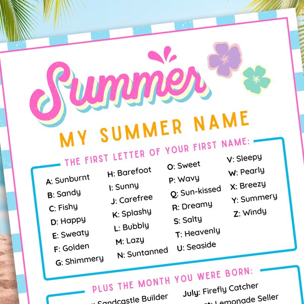 Summer Name Game | What's Your Summer Name | Beach Game | Summer Games for Kids, Adults, Families | Pool Party | Summer Activities Printable