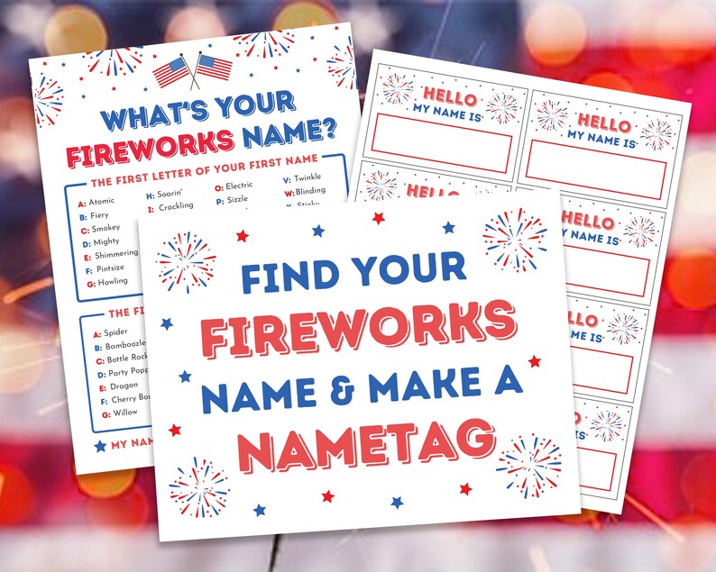 Firework Name Plates What's Your Fireworks Name, Name Tags, Sign Fourth of July Party Games ...