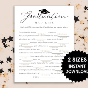 Op de afbeelding: Een wit Mad Libs-spel voor afstuderen, met invulvragen. De tekst bevat "Graduation", "2 Sizes" en "Instant Download". Het ontwerp bevat een illustratie van een afstudeerhoed en wordt omringd door gouden en zwarte sterrenconfetti.