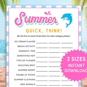 Summer Quick Think Summer Games Summer Think Fast Summer Activities for Kids, Adult Fun Family Summer Games Pool Party Printable Beach Games