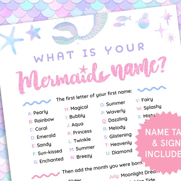 What's Your Mermaid Name, Name Tags, Sign | Mermaid Name Game | Summer Activities | Girls Mermaid Birthday Party | Under the Sea | Printable