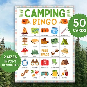 Cartes de bingo de camping Jeux de camping Bingo de camp d'été Jeux de groupe de camping Fête à thème de camping Jeux de camping en famille pour enfants Fête de camping