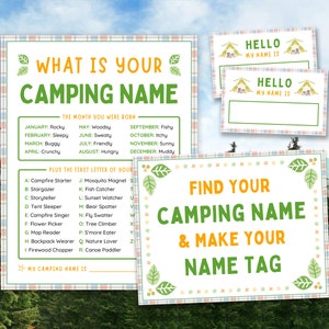 Was ist Ihr Camping Namensspiel, Namensschilder, Zeichen Camping Spiele Lager Geburtstagsfeier Papa Camping Aktivitäten für Kinder Eisbrecher Camping Familie