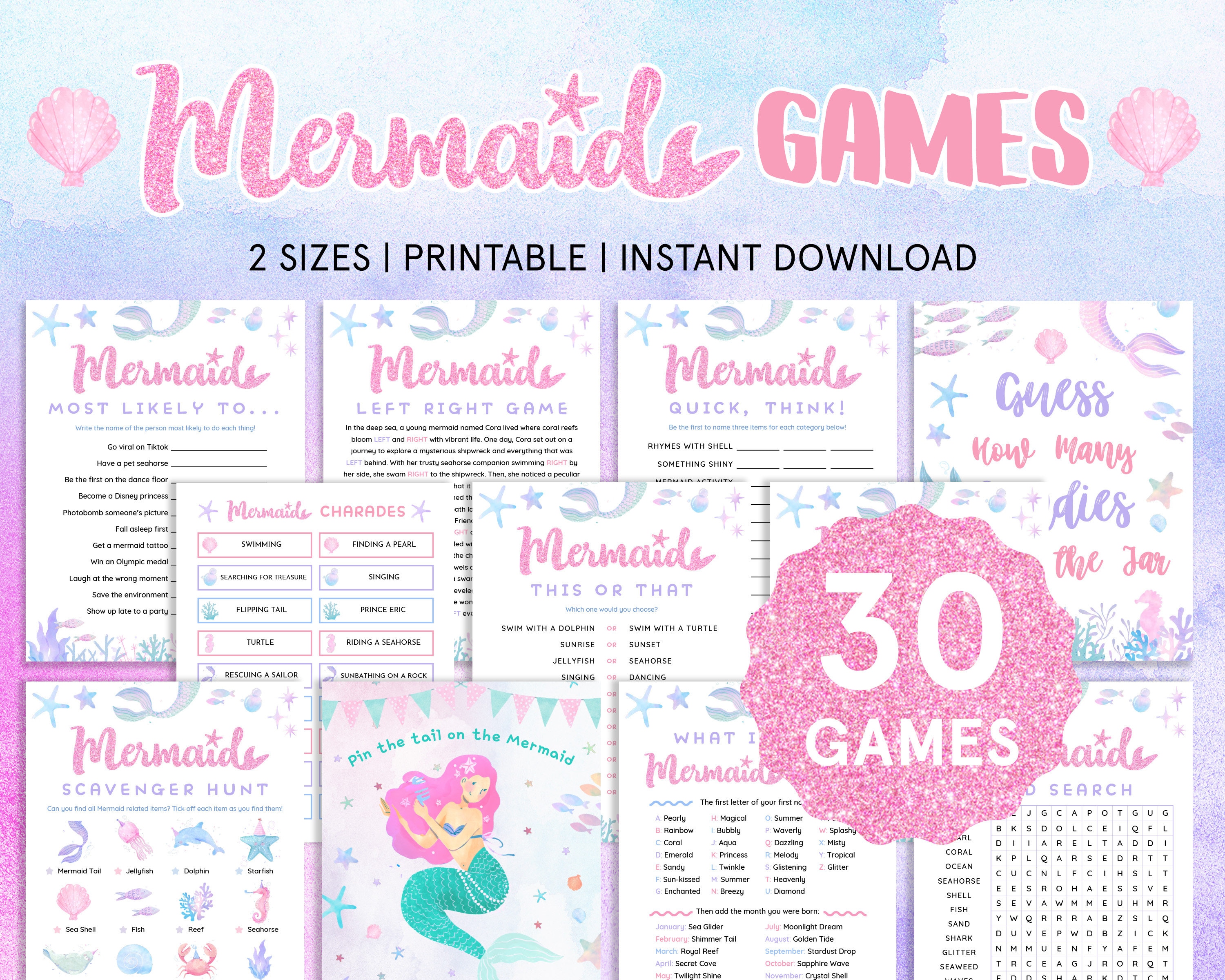 Mermaid Party Game Bundle Girls Birthday Games Mermaid Themed Party Tween Mermaid Activity for Kids Under the Sea Party Printable Pool Party