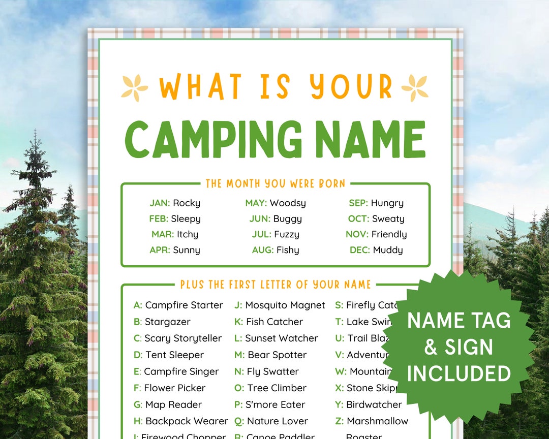 What's Your Camping Name Game, Name Tags, Sign Camping Birthday Party