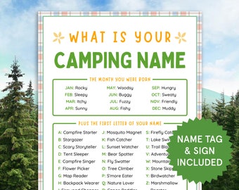 What's Your Camping Name Game, Name Tags, Sign | Camping Birthday Party | Camping Activities for Kids | Icebreaker | Name Game | Printable