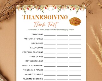 Thanksgiving Think Fast | Thanksgiving Printable Games for Kids, Family | Fun Friendsgiving Party Game | Thanksgiving Trivia | Think Quick