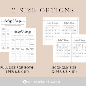 Op de afbeelding: Twee verschillende formaten van printbare baby bingo-kaarten. De volledige maat is 8,5 inch bij 11 inch en de economische maat is 8,5 inch bij 11 inch. De kaarten hebben een zwart-wit ontwerp met de tekst "baby bingo" bovenaan.