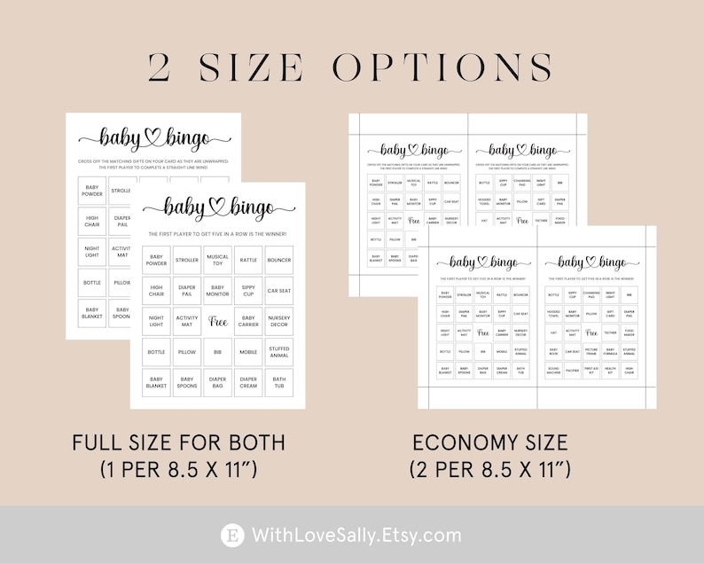 Op de afbeelding: Twee verschillende formaten van printbare baby bingo-kaarten. De volledige maat is 8,5 inch bij 11 inch en de economische maat is 8,5 inch bij 11 inch. De kaarten hebben een zwart-wit ontwerp met de tekst "baby bingo" bovenaan.