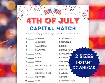 4th of July Games Capital Match Fourth of July Party Games for Kids Adults Family 4th of July Activities Fourth of July Trivia Printables