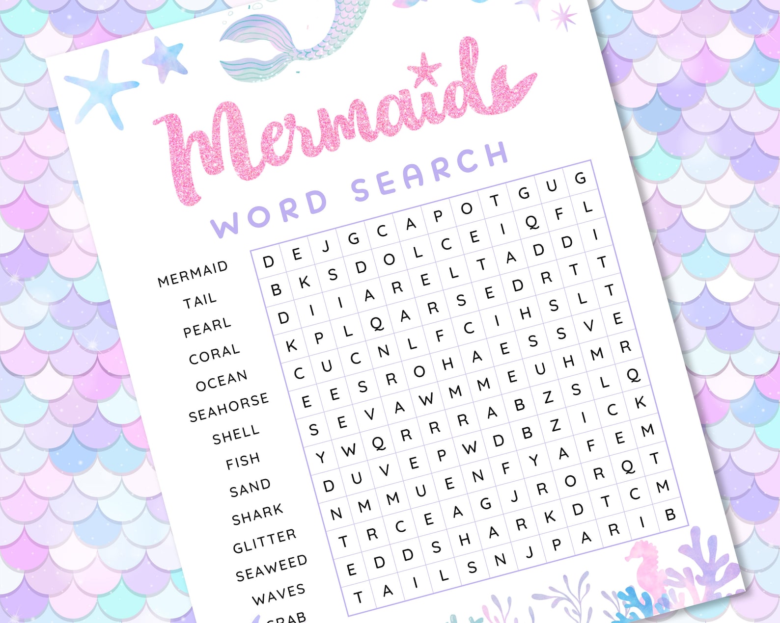 Mermaid Word Search Mermaid Party Game Girls Birthday Game - Etsy