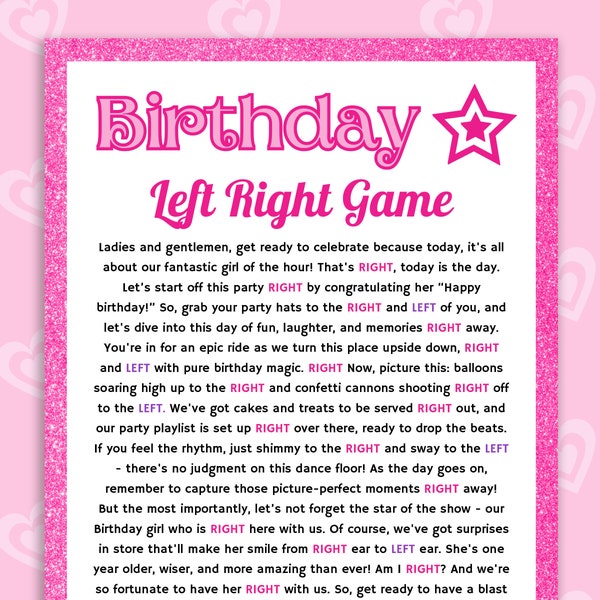Pink Birthday Left Right Game Fun Girls Birthday Party Games for Kids Pass the Prize Gift Exchange Princess Party Printable Fashion Birthday
