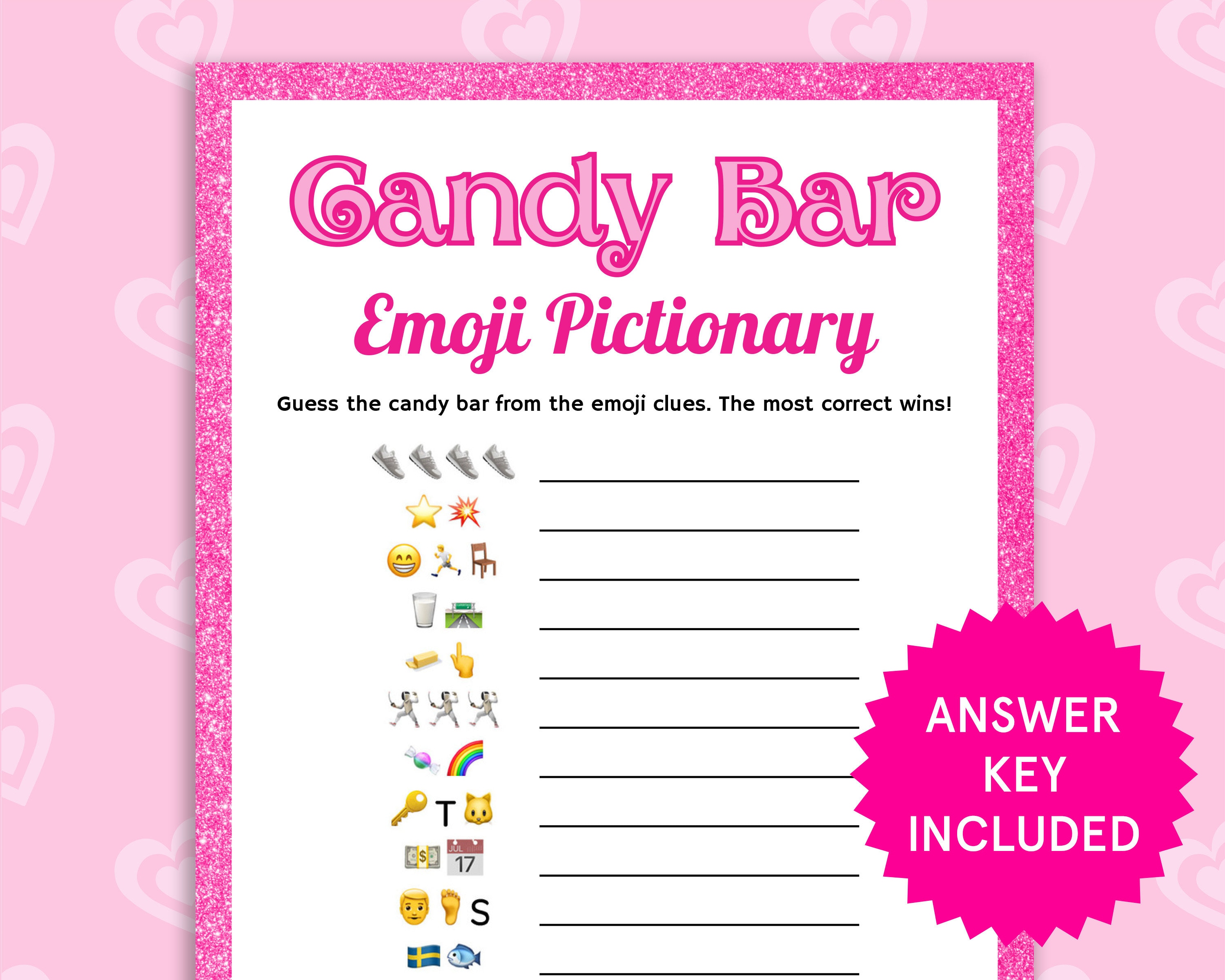 Candy Bar Emoji Pictionary Printable Pink Birthday Party Etsy