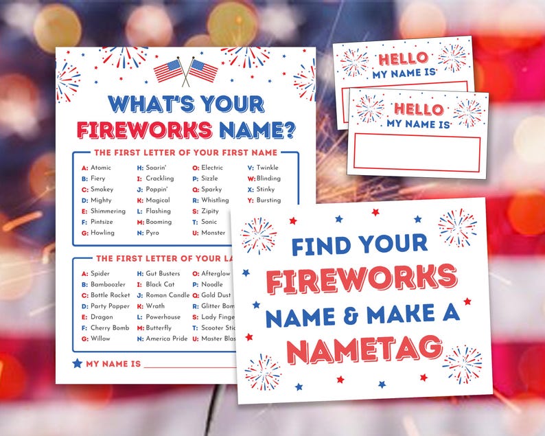 What's Your Fireworks Name, Name Tags, Sign Fourth of July Party Games ...