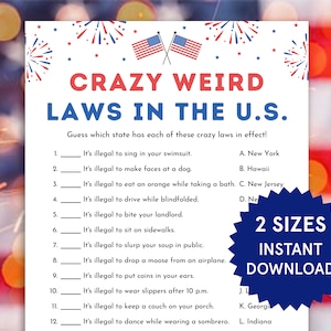 May include: A printable game titled "Crazy Weird Laws in the U.S." with a red, white, and blue color scheme. The game features a list of unusual laws and a matching section. Includes text "2 Sizes Instant Download".