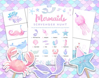 Mermaid Scavenger Hunt Mermaid Indoor Treasure Hunt Girls Mermaid Activities for Kids Mermaid Birthday Party Games Under the Sea Printable