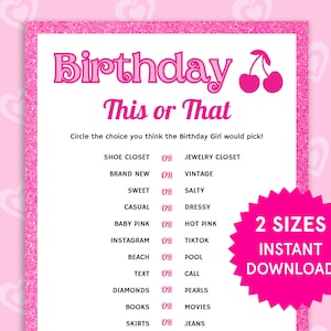 Pink Birthday This or That Girls Birthday Game Glitter Party Pink Party Games for Kids, Teen, Tween Princess Party Printable Doll Party Game