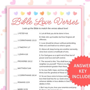 Love Bible Verses Match Game Bible Love Verses Quiz Juegos bíblicos imprimibles para niños, adultos, niños, escuela dominical, iglesia, juegos de fiesta de San Valentín