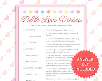 Love Bible Verses Match Game Bible Love Verses Quiz Printable Bible Games for Kids, Adults Kids Sunday School Church Valentines Party Games