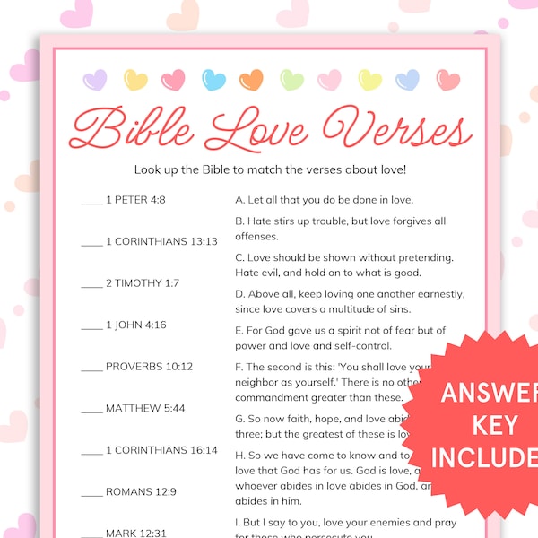 Love Bible Verses Match Game Bible Love Verses Quiz Printable Bible Games for Kids, Adults Kids Sunday School Church Valentines Party Games