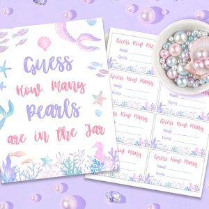 Guess How Many Pearls Are In The Jar Candy Guessing Game Mermaid Baby Shower Mermaid Birthday Party Games Printable Mermaid Activities Kids