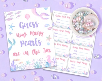 Guess How Many Pearls Are In The Jar | Candy Guessing Game | Mermaid Baby Shower | Mermaid Birthday Party | Guess How Many Game | Printable