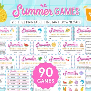 May include: A set of printable summer games with a pink and blue colour scheme. The title "Summer Games" is in a whimsical font. The image features various game cards with titles such as "Emoji Pictionary" and "Minute to Win It".