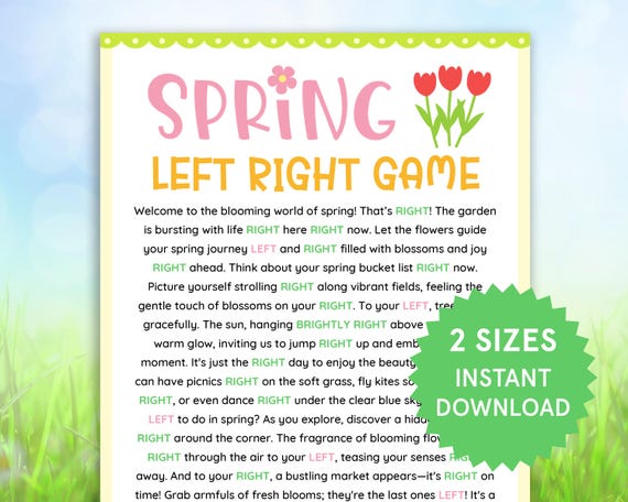 Spring Left Right Game Printable Spring Games Spring Activities for Kids, Adults, Family Pass the Prize Gift Exchange Game Left Right Poem