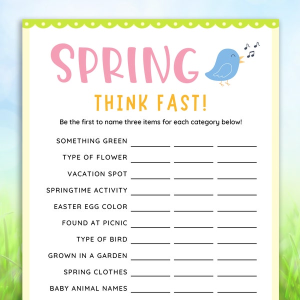 Spring Think Fast Game | Printable Spring Party Think Quick Games | Spring Activities for Kids, Adults, Family | Fun Spring Classroom Game