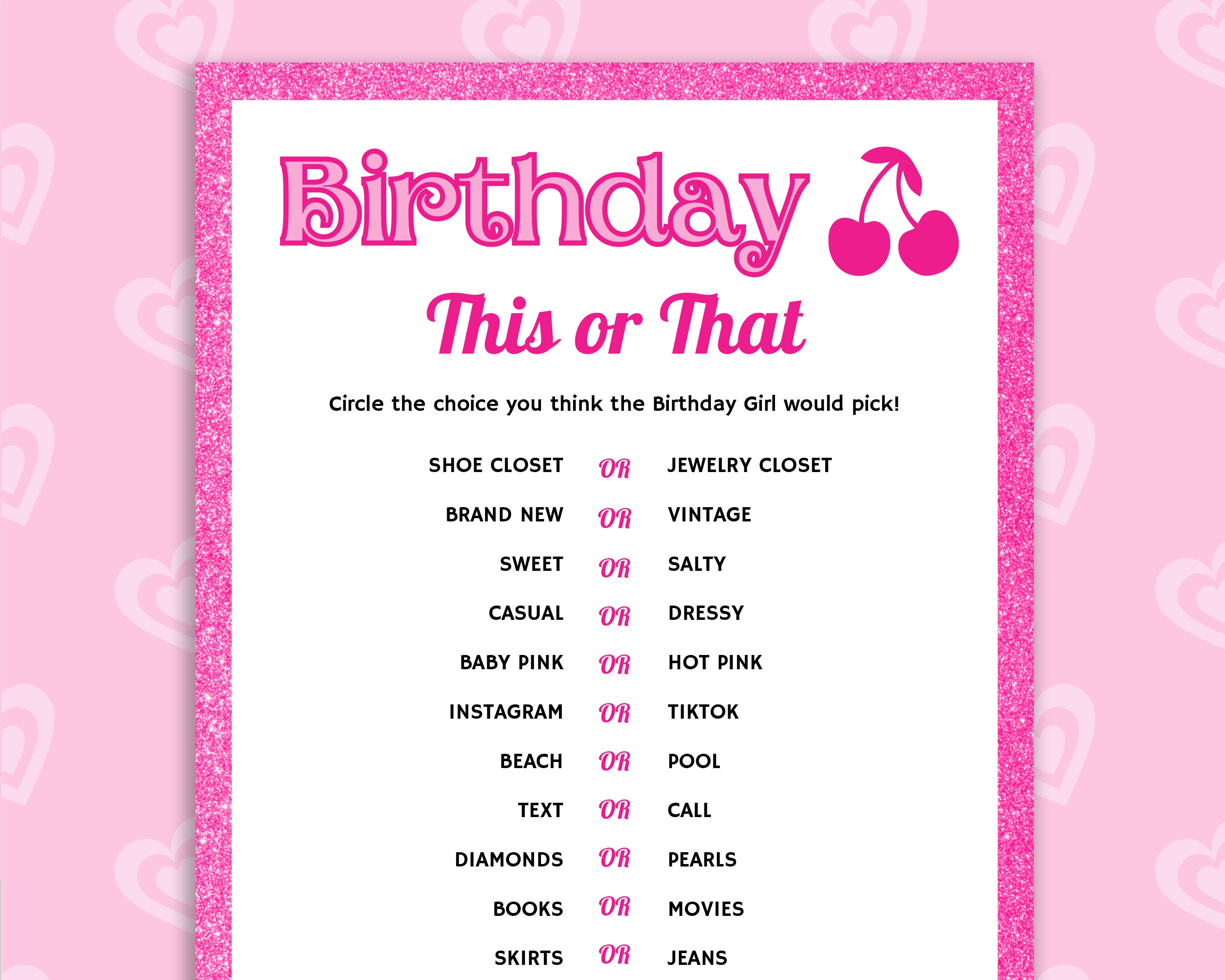 Pink Birthday This or That Girls Birthday Game Glitter Party Pink Party