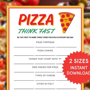 Pizza Think Fast Game Printable Pizza Party Game for Kids Adults Classroom Pizza Themed Birthday Games Family Game Night Pizza Crafts Pi Day