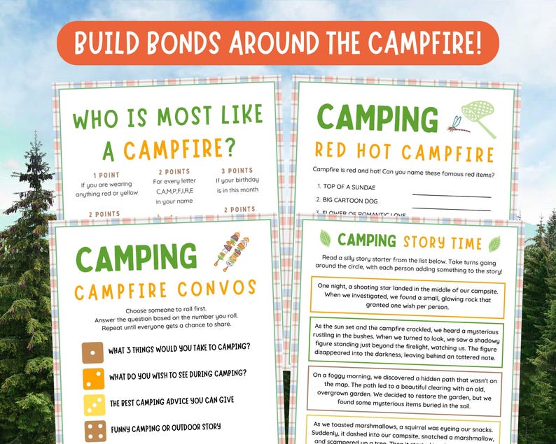 May include: Four printable camping game cards with a green and white checkered background. The cards feature illustrations of a campfire, a shooting star, a dragonfly, and a marshmallow. The text on the cards includes "Who is most like a campfire?", "Camping Red Hot Campfire", "Camping Campfire Convos", and "Camping Story Time".