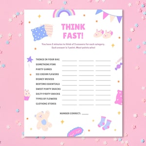 Think Fast Game | Teen Slumber Party Games | Sleepover Game | Slumber Party Activities | Pink Birthday Printable Game | Girls Pajama Party