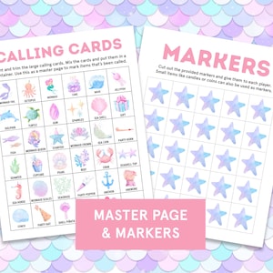 May include: Two printable sheets with a mermaid theme. One sheet is labeled "CALLING CARDS" and features illustrations of mermaids and sea creatures. The other sheet, labeled "MARKERS", has star-shaped markers. The text "MASTER PAGE & MARKERS" is also present.