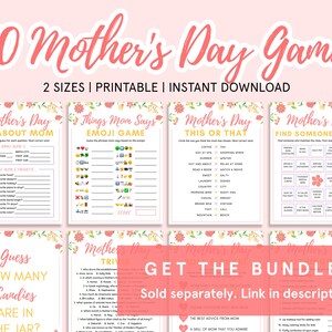 K&ouml;nnte beinhalten: Ein Set mit 30 druckbaren Muttertags-Spielen mit floralen R&auml;ndern. Die Spiele beinhalten "Alles &uuml;ber Mama", "Emoji-Spiel: Dinge, die Mama sagt", "Muttertag: Das oder Das", "Muttertag: Finde jemanden Bingo", "Errate, wie viele Bonbons im Glas sind?" und "Muttertag-Quiz". Der Text "Holen Sie sich das Bundle! Separat erh&auml;ltlich. Link in der Beschreibung." ist ebenfalls enthalten.