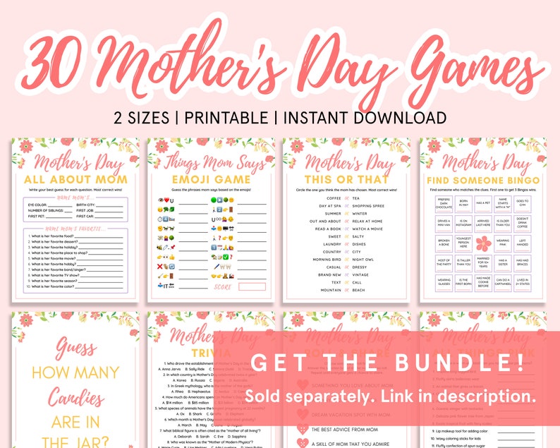 K&ouml;nnte beinhalten: Ein Set mit 30 druckbaren Muttertags-Spielen mit floralen R&auml;ndern. Die Spiele beinhalten "Alles &uuml;ber Mama", "Emoji-Spiel: Dinge, die Mama sagt", "Muttertag: Das oder Das", "Muttertag: Finde jemanden Bingo", "Errate, wie viele Bonbons im Glas sind?" und "Muttertag-Quiz". Der Text "Holen Sie sich das Bundle! Separat erh&auml;ltlich. Link in der Beschreibung." ist ebenfalls enthalten.
