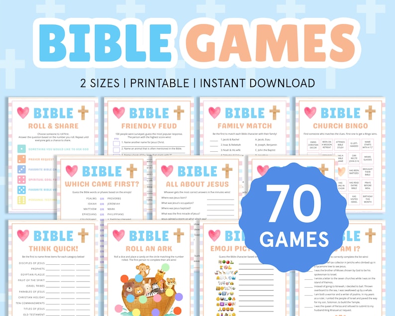 Peut inclure: Un ensemble de 70 jeux bibliques imprimables pour enfants. Les jeux sont con&ccedil;us dans un sch&eacute;ma de couleurs rose et bleu et pr&eacute;sentent une vari&eacute;t&eacute; de th&egrave;mes, notamment des histoires bibliques, des personnages et des questions de culture g&eacute;n&eacute;rale. Les jeux sont parfaits pour l'&eacute;cole du dimanche, les &eacute;v&eacute;nements de l'&eacute;glise ou les rassemblements familiaux.