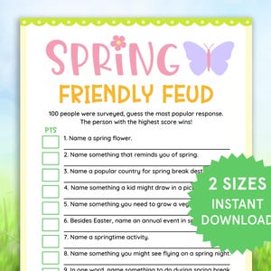 Spring Friendly Feud Trivia Game Printable Family Feud for Kids, Adults, Family Fun Spring Activity Spring Seniors Game Spring Icebreaker