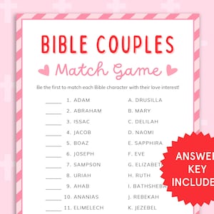 Bijbelparen Match Game Bijbelspellen voor kinderen, volwassenen Kerk Valentijnsdag Leuke kerkfeestspellen Damesbediening Afdrukbare christelijke spellen