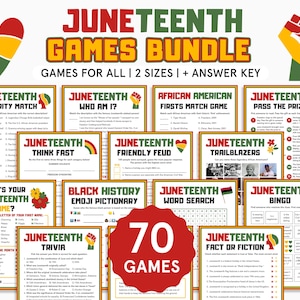 May include: A Juneteenth games bundle with 70 games, including trivia, bingo, and word search. The design features a red, yellow, and green color scheme, with the words "Juneteenth Games Bundle" in bold letters. The games are designed for all ages.