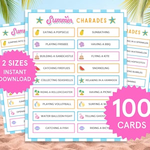 Charadas de verano Juegos de verano Actividades familiares de verano para niños, Juego de fiesta en la piscina para adultos Juego de playa imprimible Charadas de acción Juego de fiesta de verano