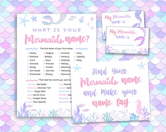 What&#39;s Your Mermaid Name, Name Tags, Sign Mermaid Name Game Summer Activities for Kids Girls Mermaid Birthday Party Under the Sea Printable