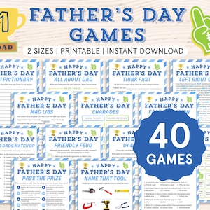 May include: A selection of Father's Day games, including Emoji Pictionary, Mad Libs, and Charades, with the text "Father's Day Games." The image features a trophy, a foam finger, and the text "2 sizes | Printable | Instant Download."