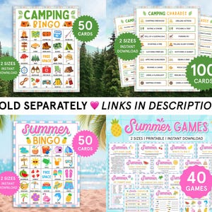 May include: Four printable game cards for summer and camping activities. The cards feature colorful designs with text that reads "Camping Bingo", "Camping Charades", "Summer Bingo", and "Summer Games". The cards are available in two sizes and include 50, 100, 50, and 40 cards respectively.
