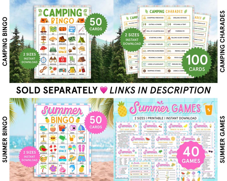 May include: Four printable game cards for summer and camping activities. The cards feature colorful designs with text that reads "Camping Bingo", "Camping Charades", "Summer Bingo", and "Summer Games". The cards are available in two sizes and include 50, 100, 50, and 40 cards respectively.
