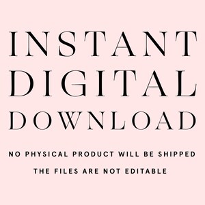 K&ouml;nnte beinhalten: Textgrafik auf rosa Hintergrund mit der Aufschrift "INSTANT DIGITAL DOWNLOAD" in schwarzer Schrift. Unter dem Text steht in kleinerer schwarzer Schrift "NO PHYSICAL PRODUCT WILL BE SHIPPED" und "THE FILES ARE NOT EDITABLE".