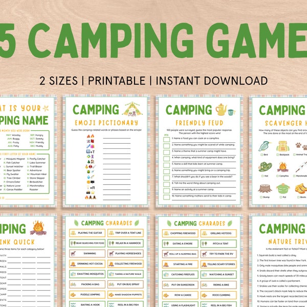 Camping Spiel Bundle | Camping Spiele für Kinder & Familien | Sommer Outdoor-Aktivitäten | Camping Journal | Camping Scharade | Bingo | Druckbar