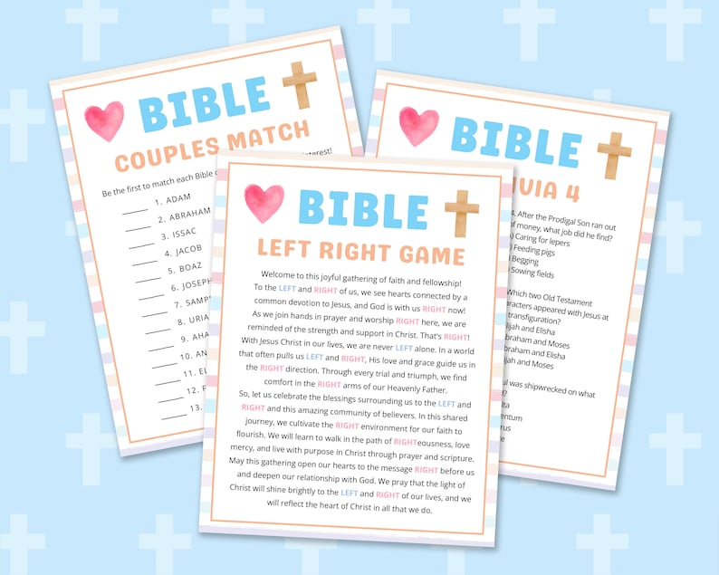 Peut inclure: Un jeu imprimable sur le th&egrave;me de la Bible avec un c&oelig;ur rose et une croix brune. Le jeu s'appelle "Couples Match" et comporte une liste de noms &agrave; faire correspondre. La deuxi&egrave;me page est un "Jeu Gauche Droite" avec des instructions pour un groupe d'&eacute;tude biblique.